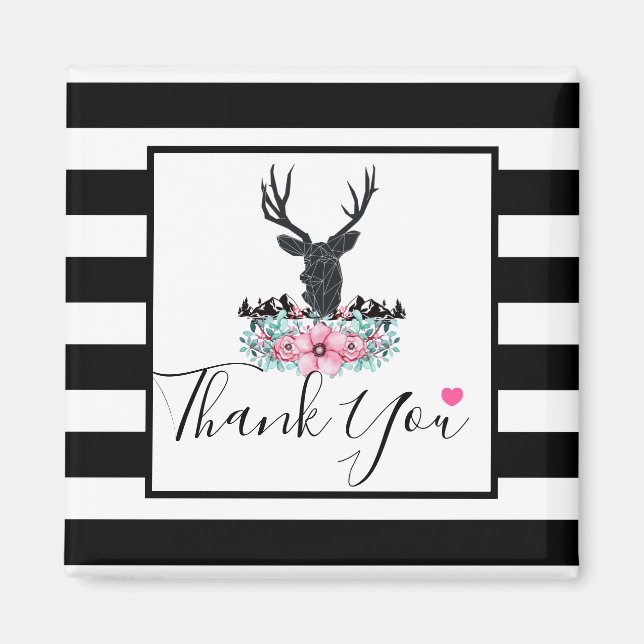 Imã Cabeça de cervo preto com flores e montanhas cor-d (Frente)