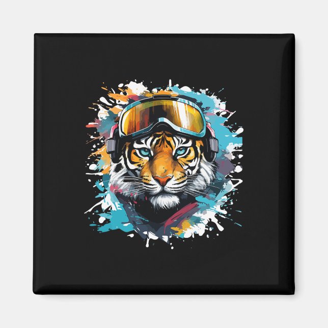 Imã Cabeça de Tigre com Óculos de Esqui Esquiando Snow (Frente)