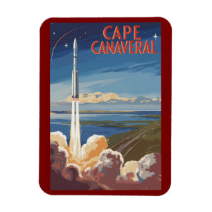 Ímã Cabo Canaveral Flórida Arte de Viagem Pintura Retr