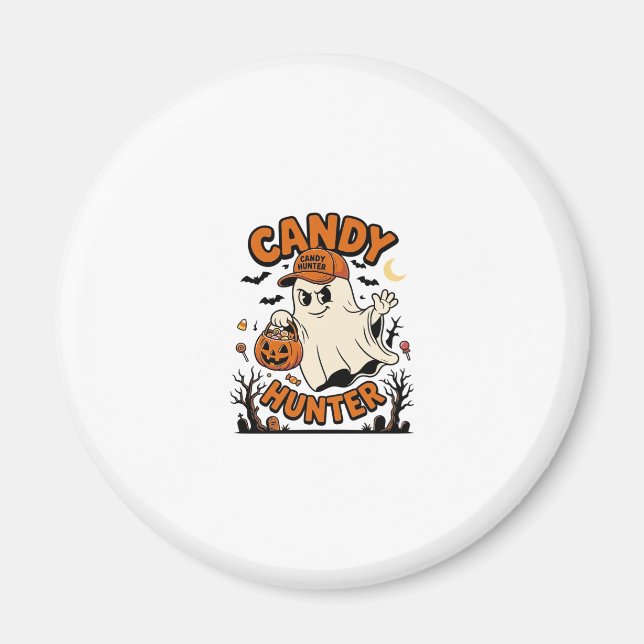 Imã Caçador de Doces Halloween Fantasma Balde de Abóbo (Frente)