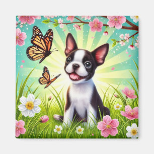 Imã Cachorrinho Fofo com Flores e Borboletas