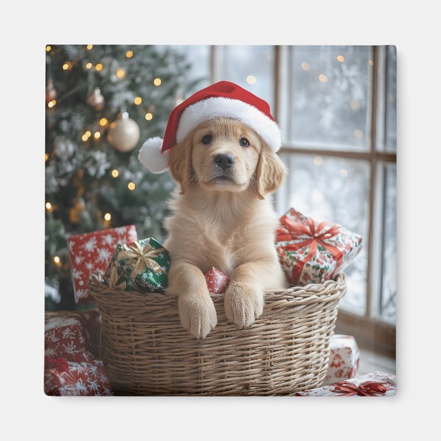 Imã Cachorro Adorável com Papai Noel na Cesta (Frente)
