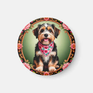 Imã Cachorro Adorável Enquadrado por Flores Coloridas