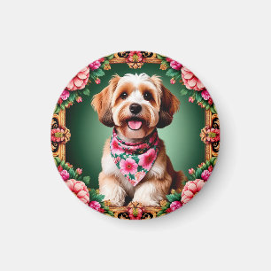 Imã Cachorro Adorável Enquadrado por Flores Coloridas