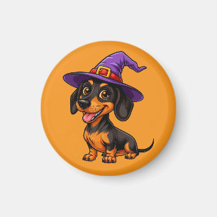 Imã Cachorro Adorável Vestindo Chapéu de Bruxo Roxo