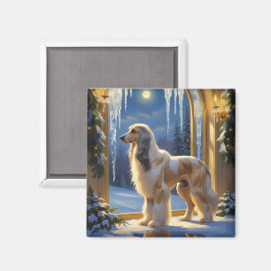 Imã Cachorro Afegão com Luzes de Natal Feriado