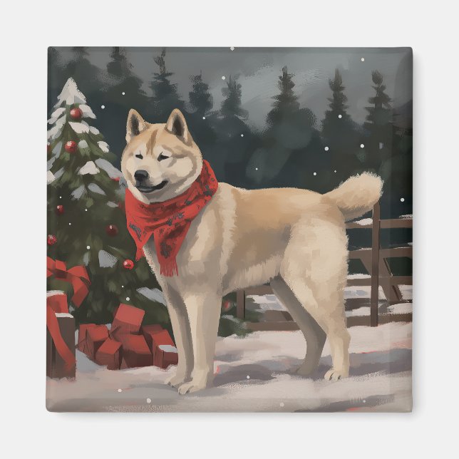 Imã Cachorro Akita na Neve Natal (Frente)