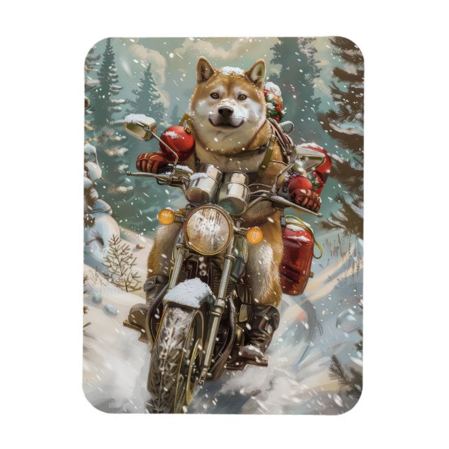 Ímã Cachorro Akita Pilotando Moto Natal (Vertical)