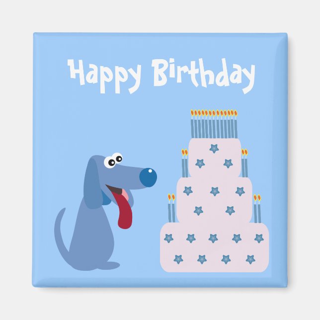 Imã Cachorro azul bonito e íman de bolo de aniversário (Frente)
