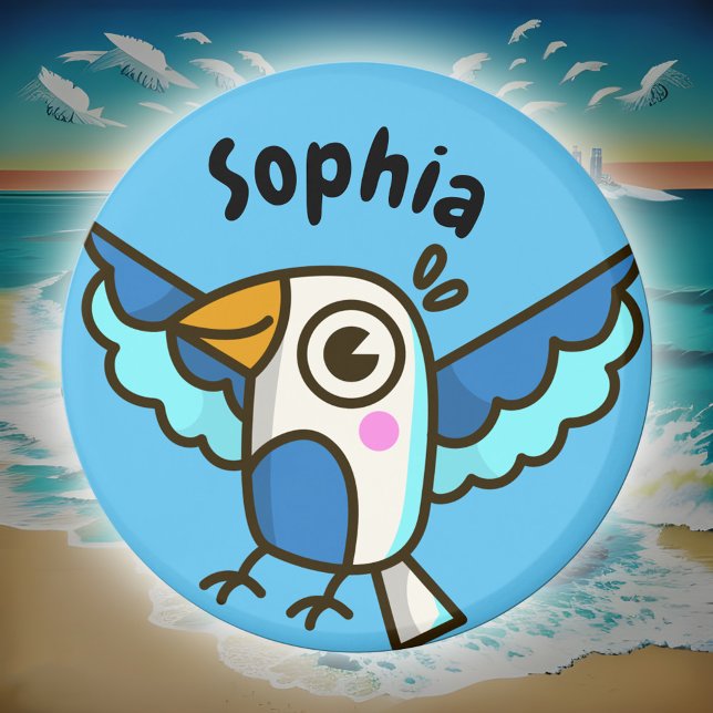 Imã Cachorro Azul Cachorro de Aves Nome Localizador Es (Cute seagull doodle kids' name sticker in ocean blue)