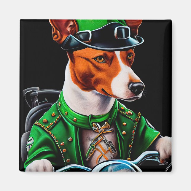 Imã Cachorro Basenji andando de bicicleta no Dia de Sã (Frente)