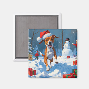 Imã Cachorro Basenji Brincando na Cena de Inverno