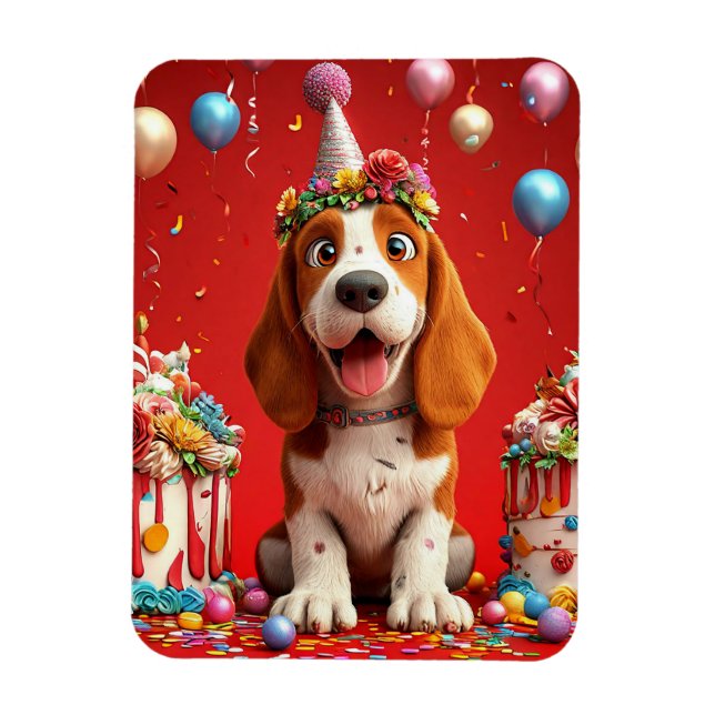 Ímã Cachorro Beagle Adorável Comemora Aniversário (Vertical)