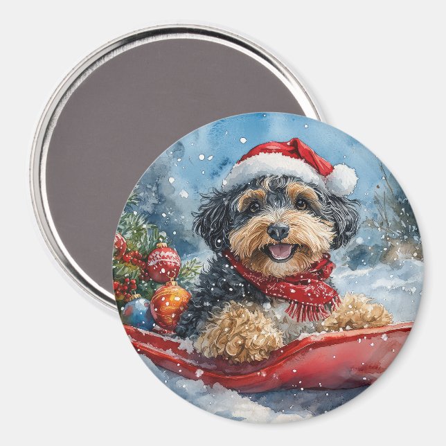 Imã Cachorro Bernedoodle no Trenó Deixe Nevar Natal (Front/Back)