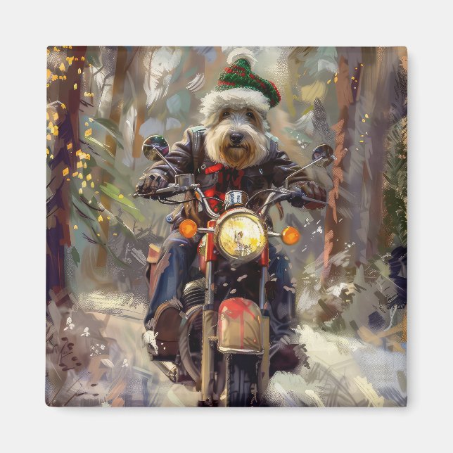 Imã Cachorro Bernedoodle pilotando motocicleta Natal (Frente)