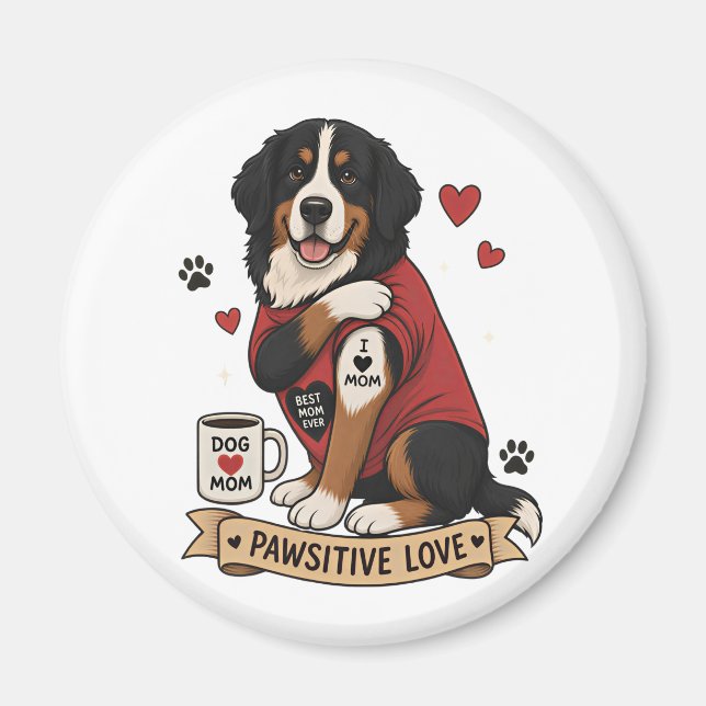 Imã Cachorro Bernês com Ilustração de Tatuagem Eu Amo  (Frente)