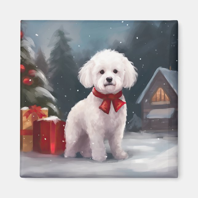 Imã Cachorro Bichon Frise na Neve Natal  (Frente)