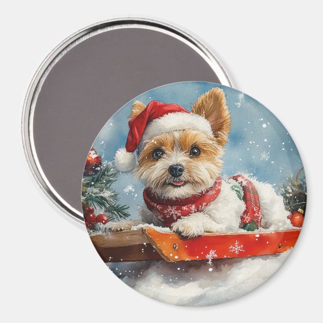 Imã Cachorro Biewer Terrier em Trenó Deixe Nevar Natal (Front/Back)