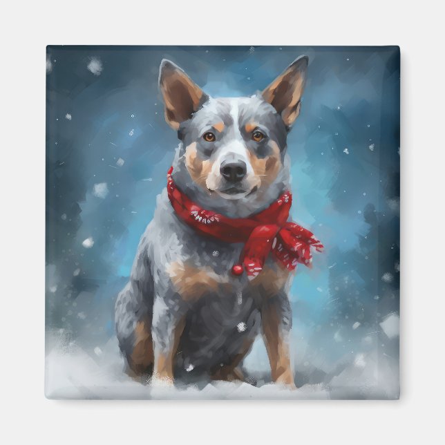 Imã Cachorro Blue Heeler na neve no Natal  (Frente)