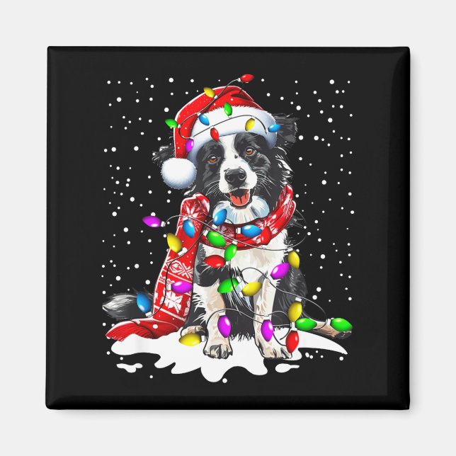 Imã Cachorro Border Collie Iluminando Chapéu de Natal  (Frente)