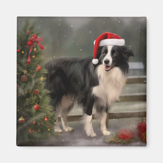 Imã Cachorro Border Collie na Neve Natal (Frente)
