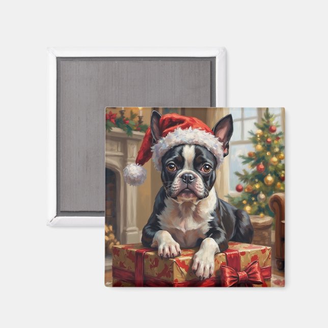 Imã Cachorro Boston Terrier Elegante Presente de Natal (Front/Back)