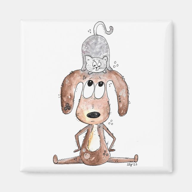 Imã Cachorro Branco Bonito com Gato na Cabeça (Frente)