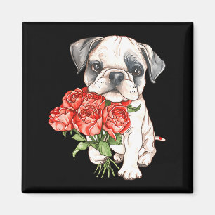 Imã Cachorro bulldog fofo em aquarela segurando rosas