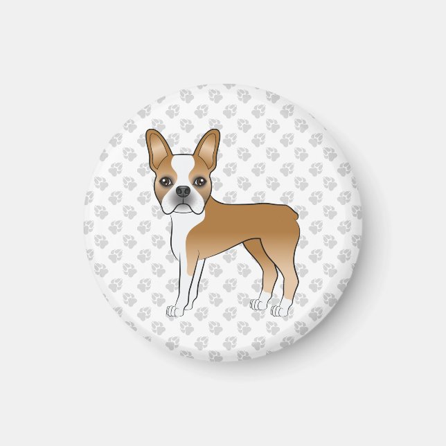 Imã Cachorro Cartoon Boston Terrier Bege e Branco & Pa (Frente)