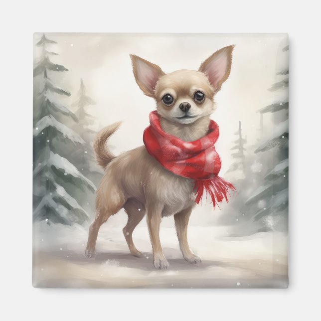 Imã Cachorro Chihuahua na neve Natal  (Frente)