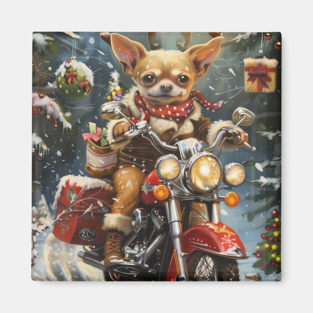 Imã Cachorro Chihuahua Pilotando Moto Natal  (Frente)