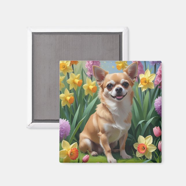 Imã Cachorro Chihuahua Pintura de Flores da Primavera (Front/Back)
