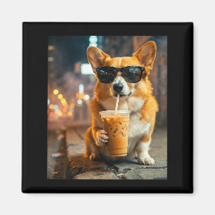Imã Cachorro corgi bebendo café gelado meme engraçado
