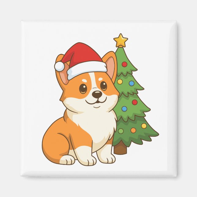 Imã Cachorro Corgi Fofo com um Chapéu Vermelho com Árv (Frente)