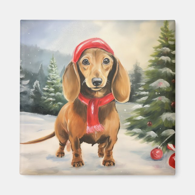 Imã Cachorro Dachshund na Neve Natal  (Frente)