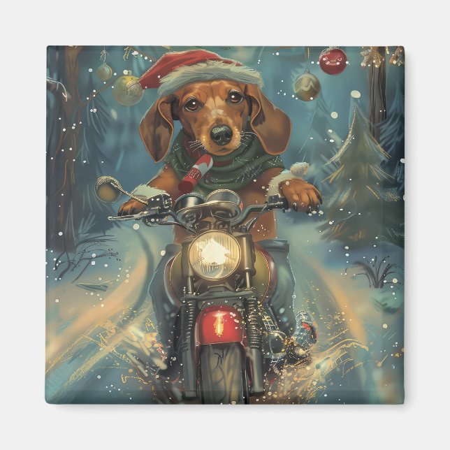 Imã Cachorro Dachshund Pilotando Moto Natal (Frente)