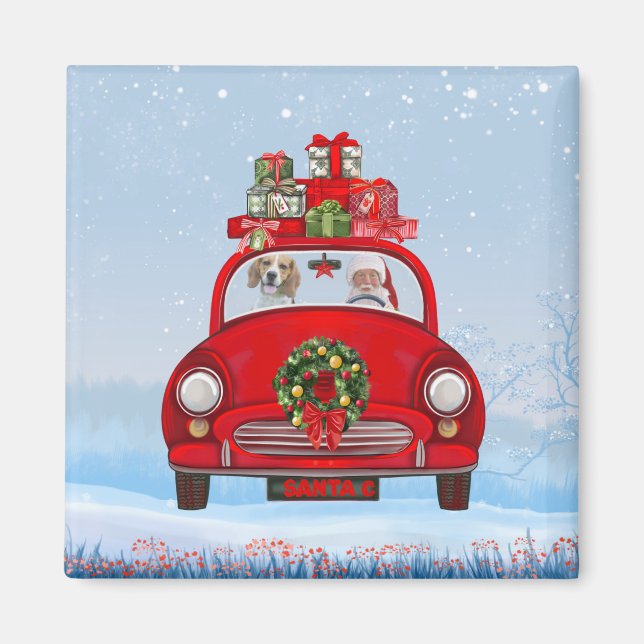 Imã Cachorro De Beagle No Carro Com Papai Noel (Frente)