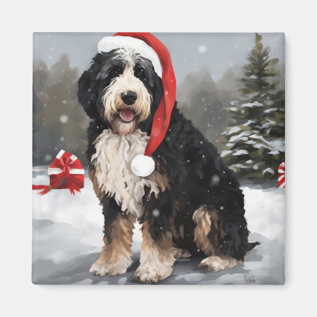 Imã Cachorro de Bernedoodle no Natal da Neve (Frente)