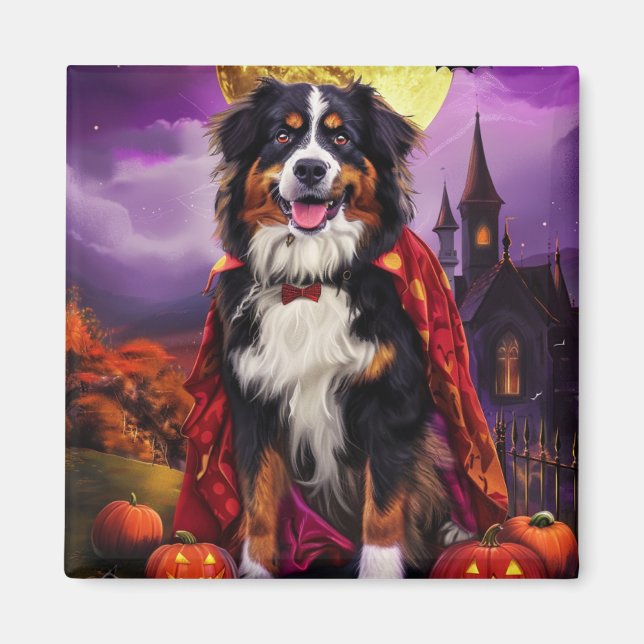 Imã Cachorro de Montanha Bernês de Halloween Abóboras  (Frente)