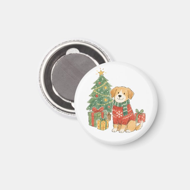 Imã Cachorro de Natal em Suéter com Árvore de Natal  (Front/Back)