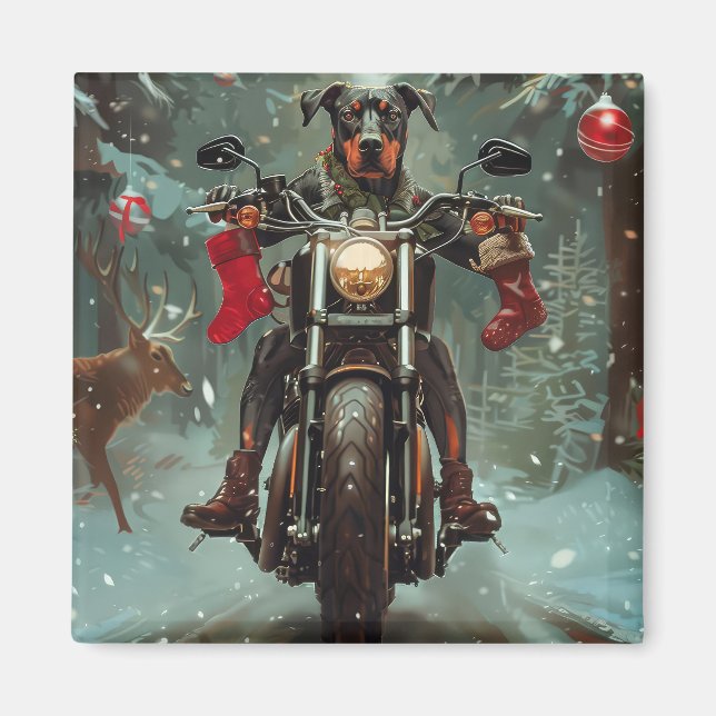 Imã Cachorro Doberman Andando de Motocicleta Natal (Frente)