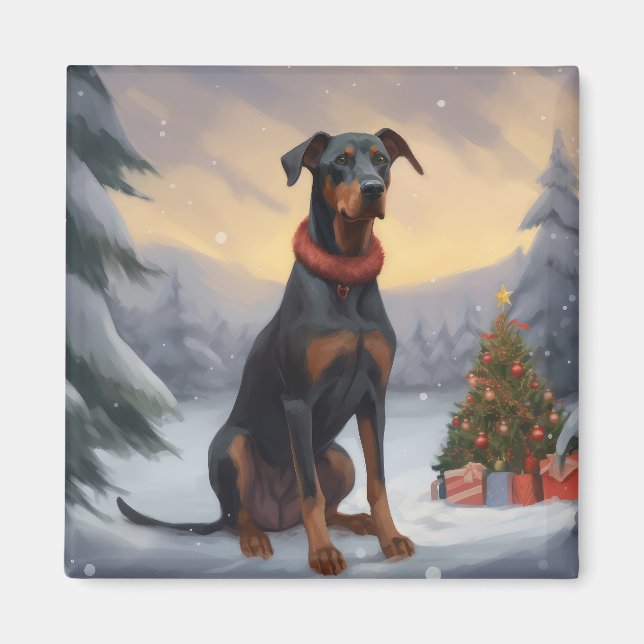 Imã Cachorro Doberman no Natal da Neve (Frente)