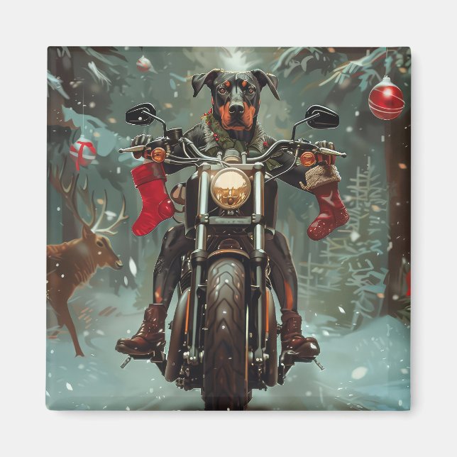 Imã Cachorro Doberman Pilotando Moto Natal (Frente)