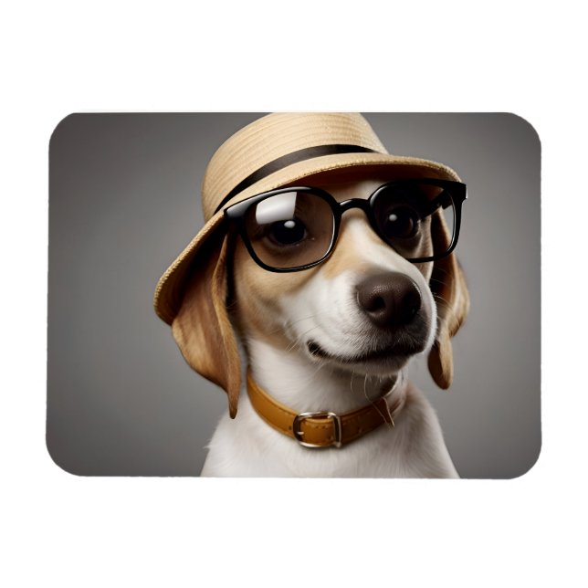 Ímã Cachorro engraçado com óculos e chapéu (Horizontal)
