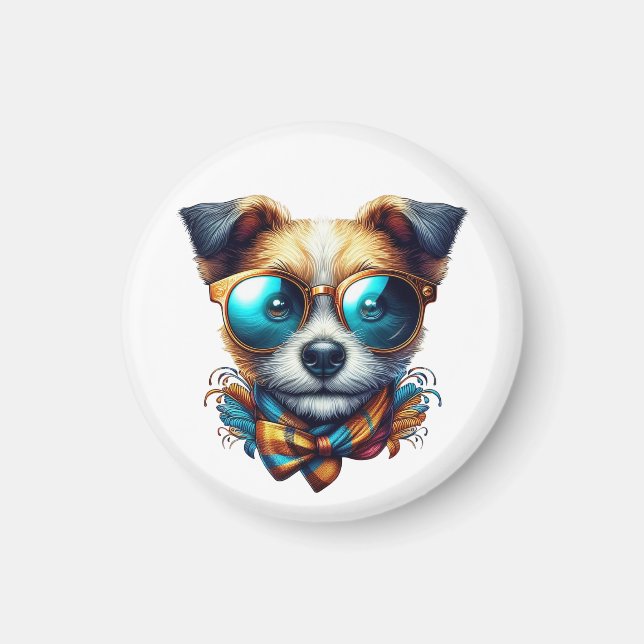 Imã Cachorro Estiloso Com Óculos Arte Moderna Colorida (Frente)