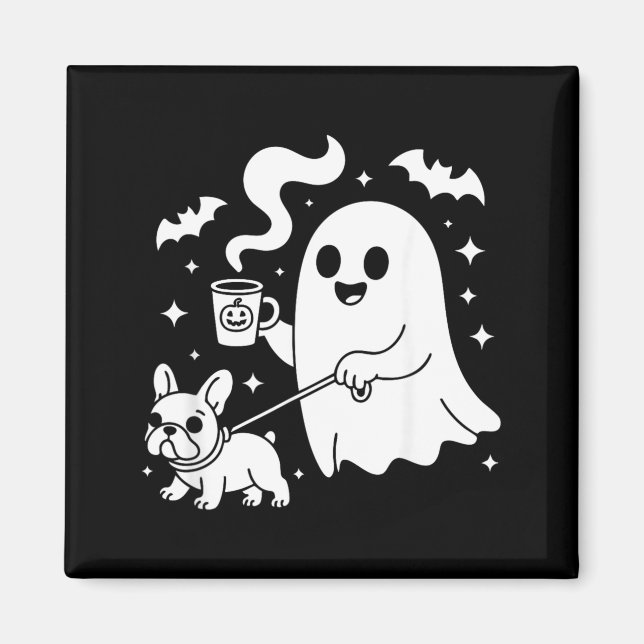 Imã Cachorro Fantasma Bulldogue Francês Café Halloween (Frente)