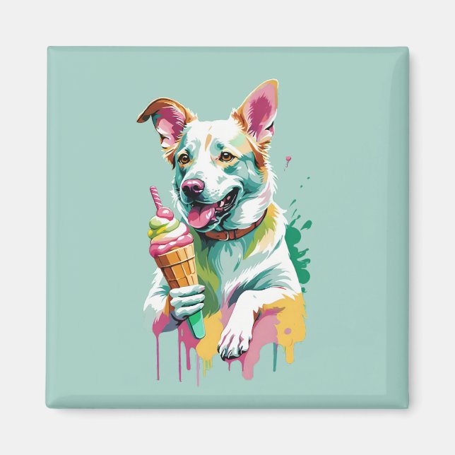 Imã Cachorro feliz comendo um sorvete (Frente)