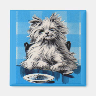 Imã cachorro flutuante comendo na mesa