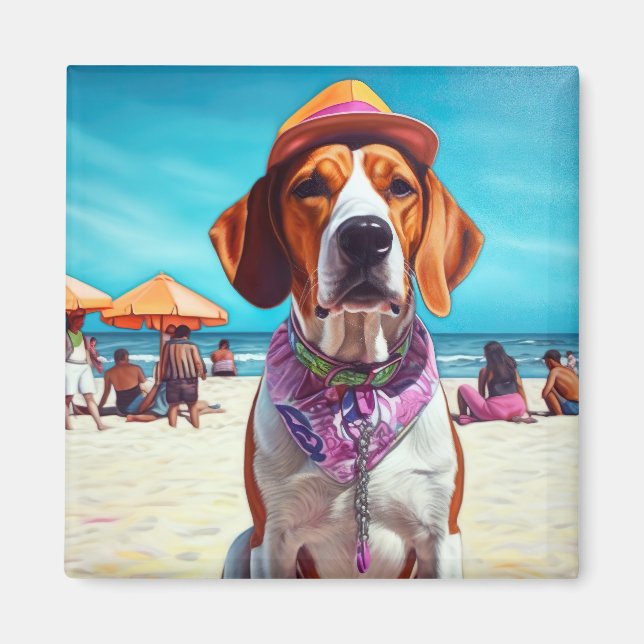 Imã Cachorro Foxhound Inglês Americano na Praia, prese (Frente)