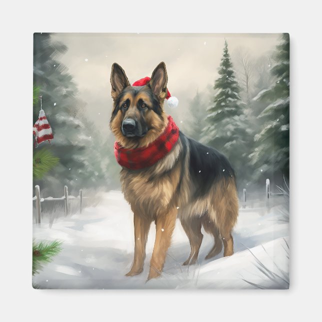 Imã Cachorro german shepherd no Natal da Neve (Frente)